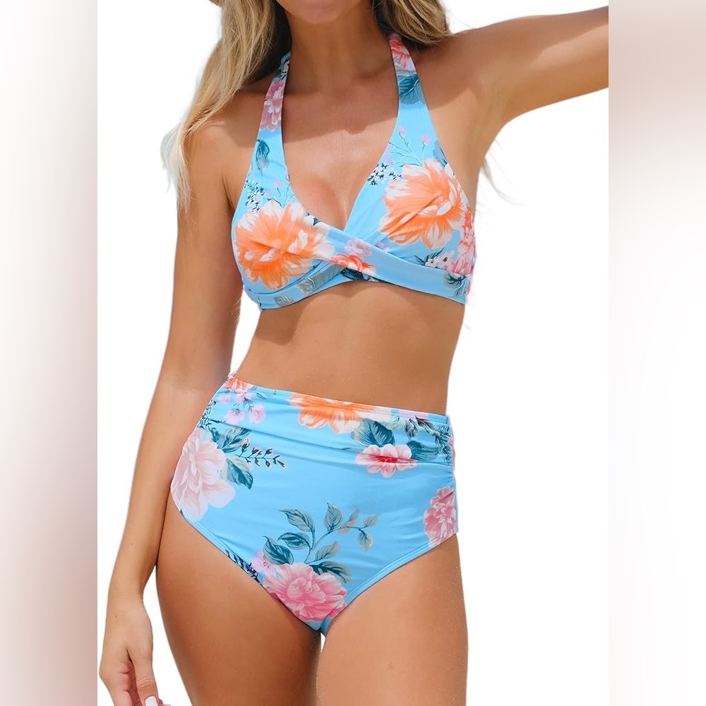 Cupshe Blue Floral Print Halter Shirred High Waist Bikini‎ Swimsuit Small NWT
